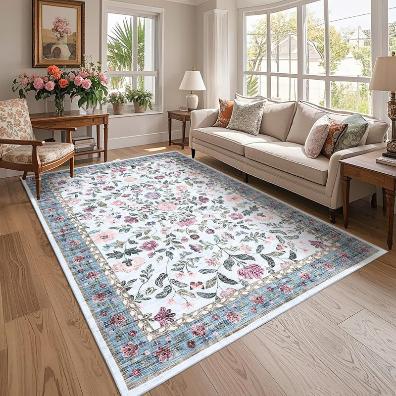 Living Room Rug Floral Washable Low