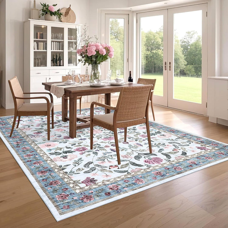 Living Room Rug Floral Washable Low