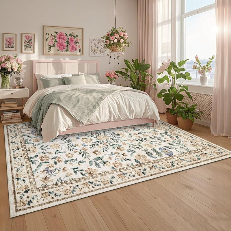 Living Room Rug Floral Washable Low