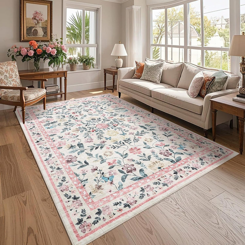 Living Room Rug Floral Washable Low