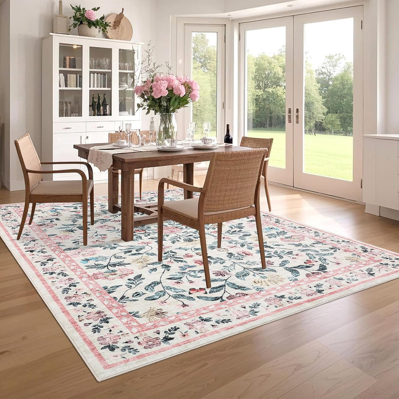 Living Room Rug Floral Washable Low
