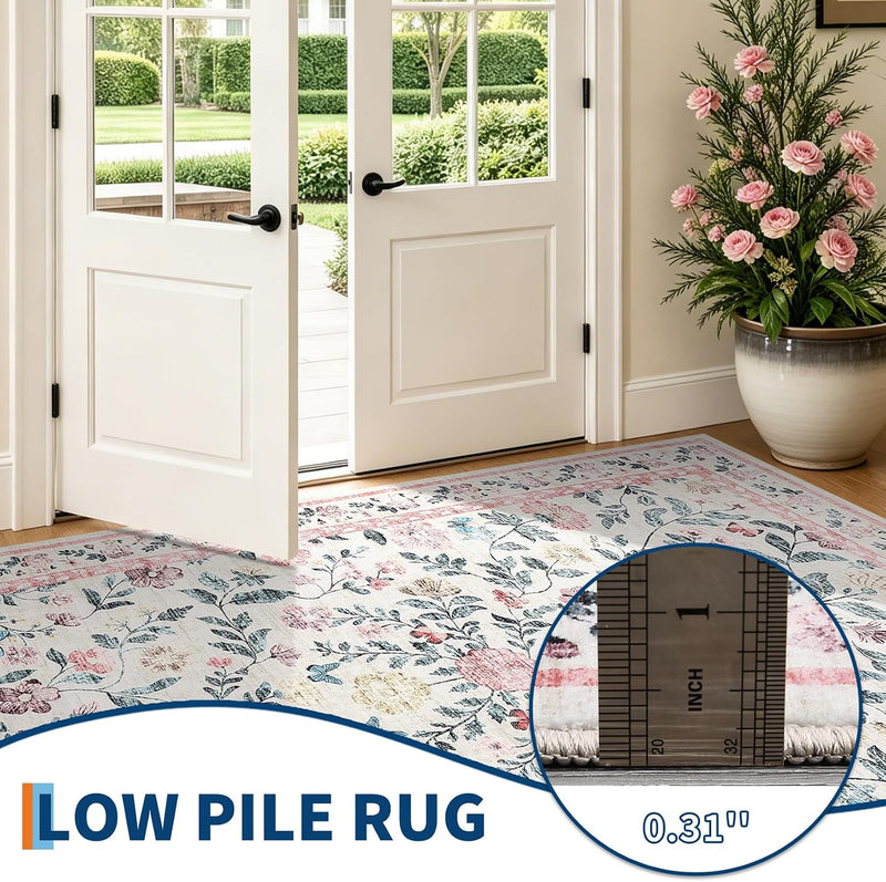 Living Room Rug Floral Washable Low