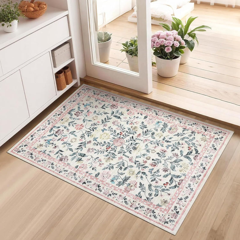 Living Room Rug Floral Washable Low