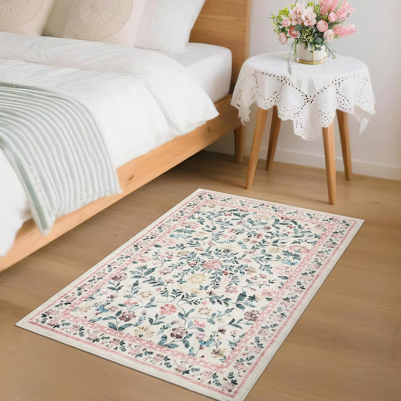 Living Room Rug Floral Washable Low