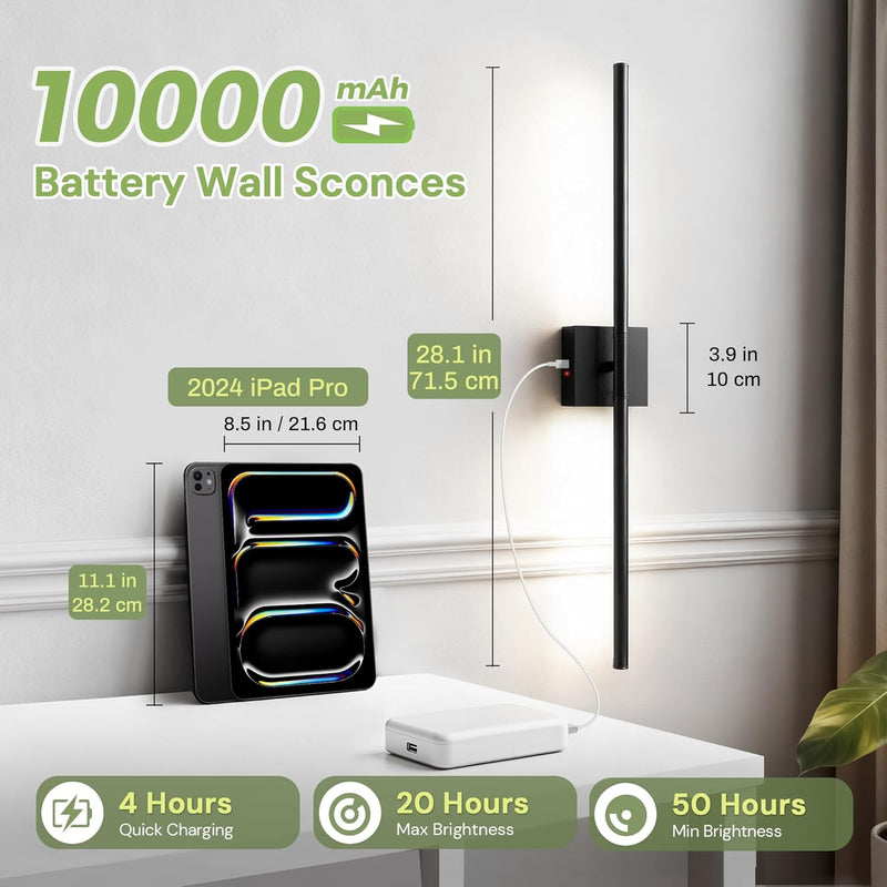 Battery Operated Wall Sconces Sconce 10000mah Rechargeable 6000K (Set of 2)