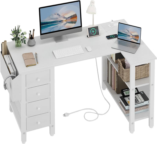 L Shaped Computer Desk with Drawers Storage Shelves