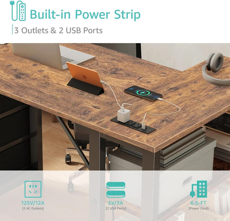L Shaped Computer Desk with Drawers Storage Shelves