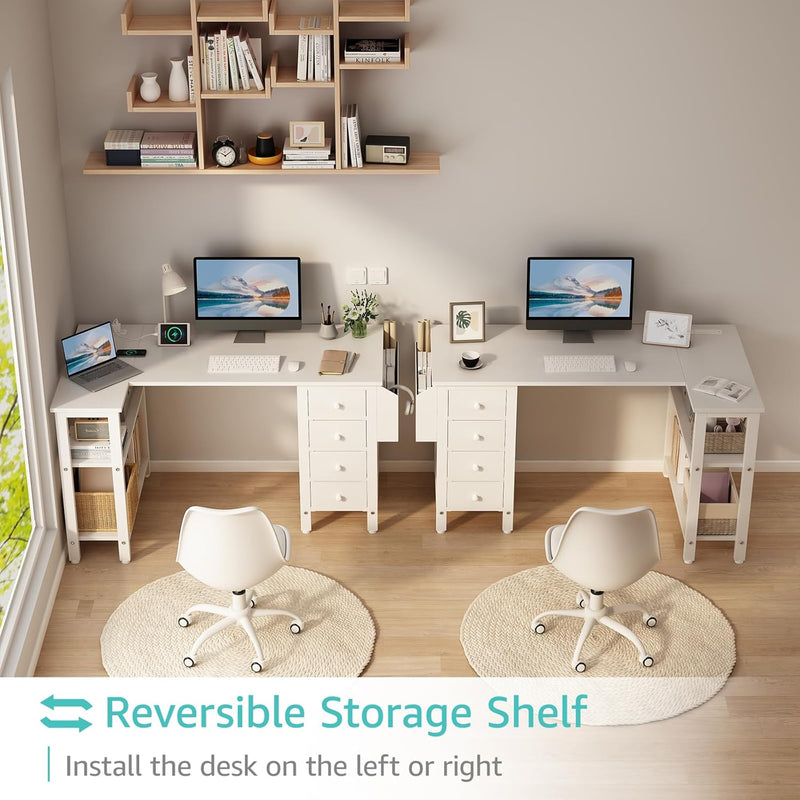 L Shaped Computer Desk with Drawers Storage Shelves