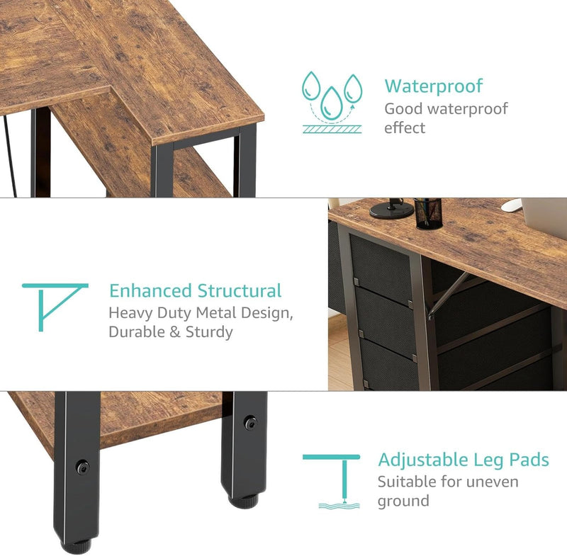 L Shaped Computer Desk with Drawers Storage Shelves