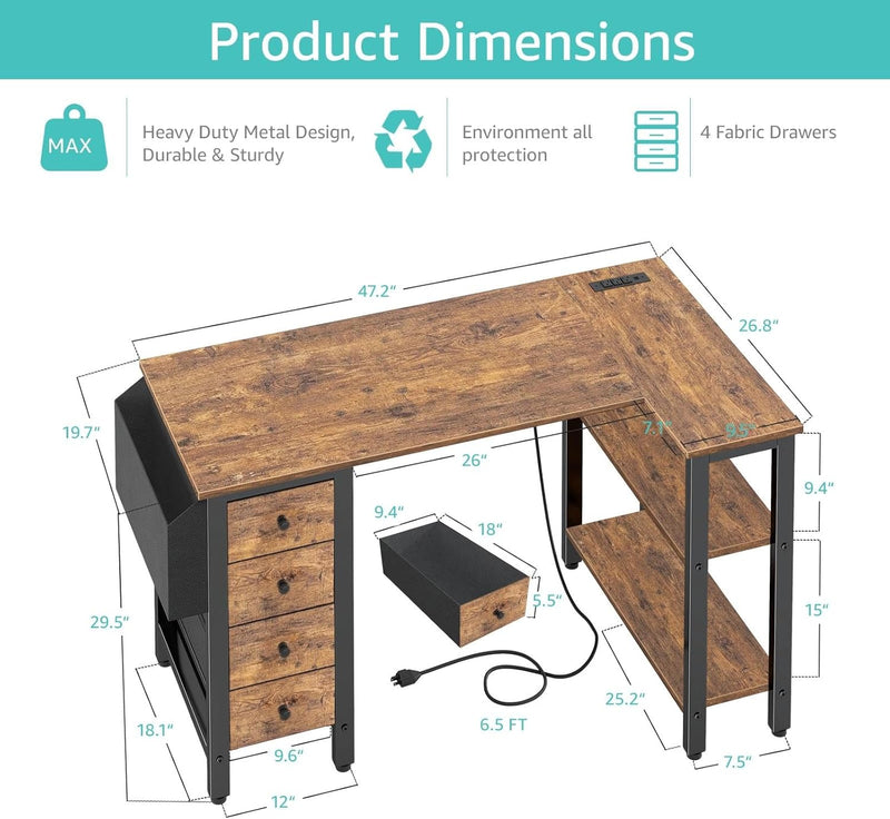 L Shaped Computer Desk with Drawers Storage Shelves