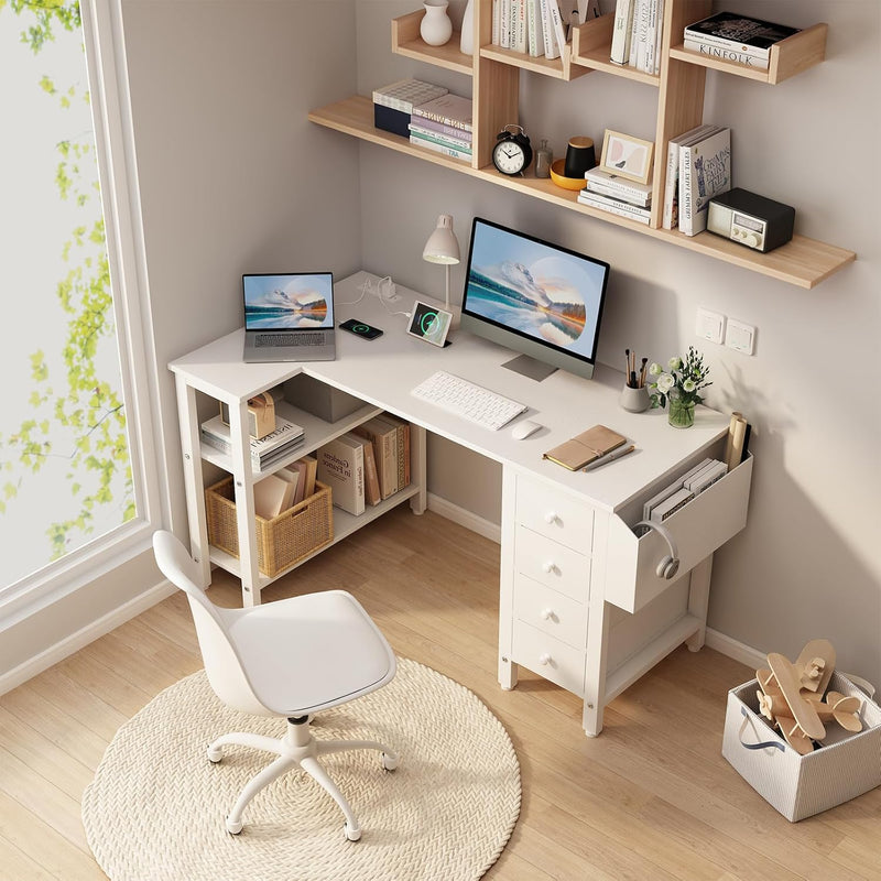 L Shaped Computer Desk with Drawers Storage Shelves