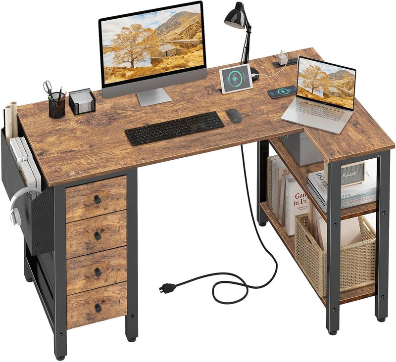 L Shaped Computer Desk with Drawers Storage Shelves