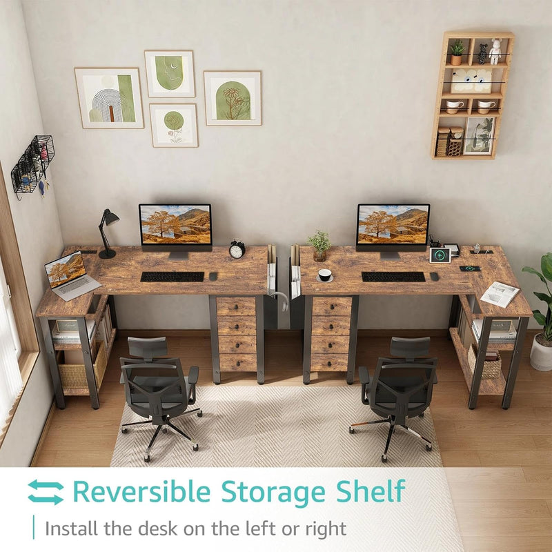 L Shaped Computer Desk with Drawers Storage Shelves
