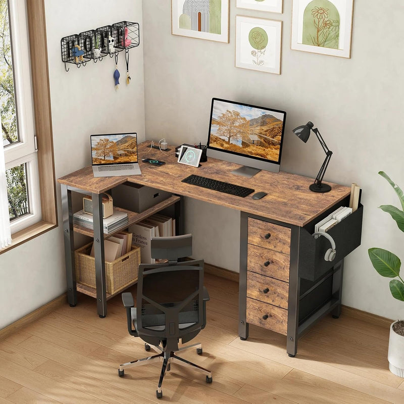 L Shaped Computer Desk with Drawers Storage Shelves