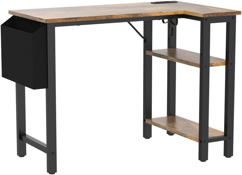 L Shaped Computer Desk with Power Outlet Shelves