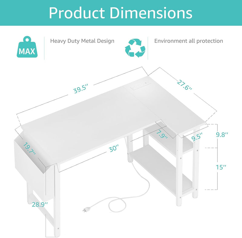 L Shaped Computer Desk with Power Outlet Shelves