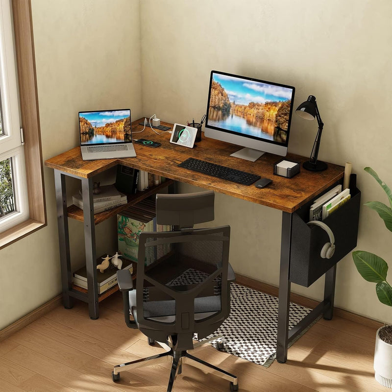 L Shaped Computer Desk with Power Outlet Shelves