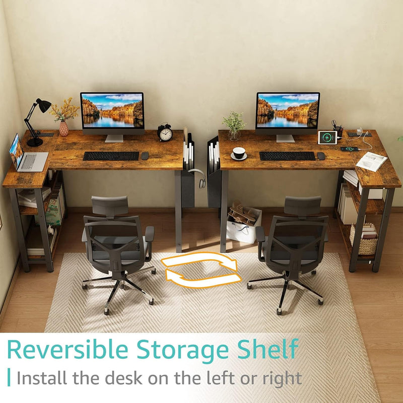L Shaped Computer Desk with Power Outlet Shelves