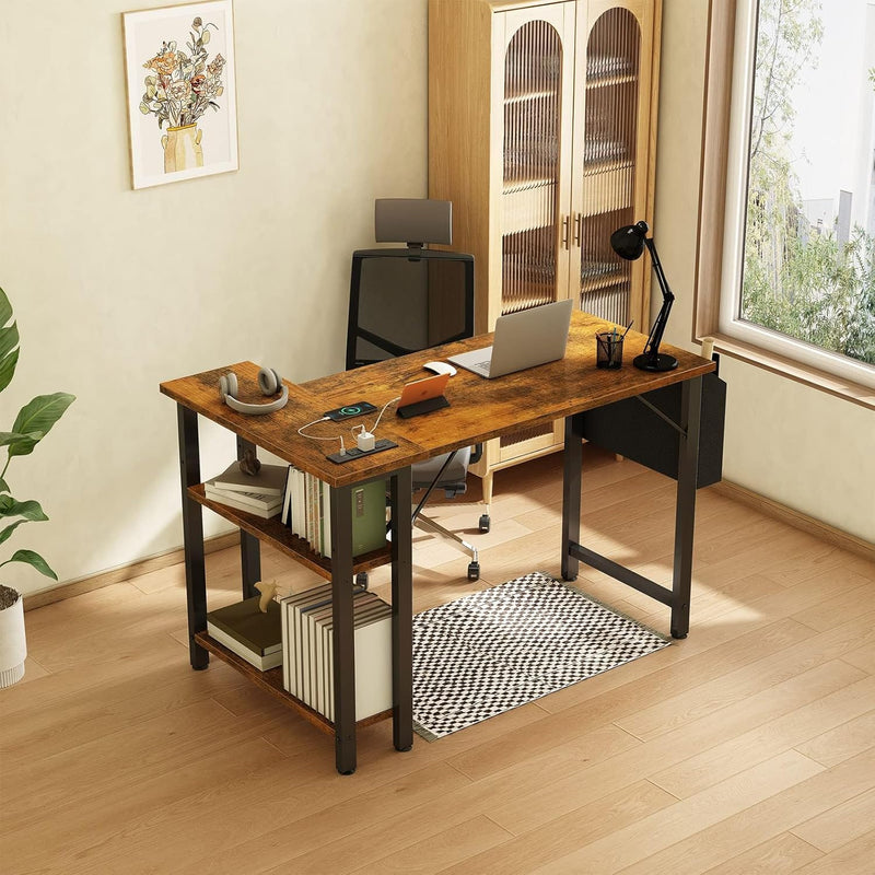L Shaped Computer Desk with Power Outlet Shelves