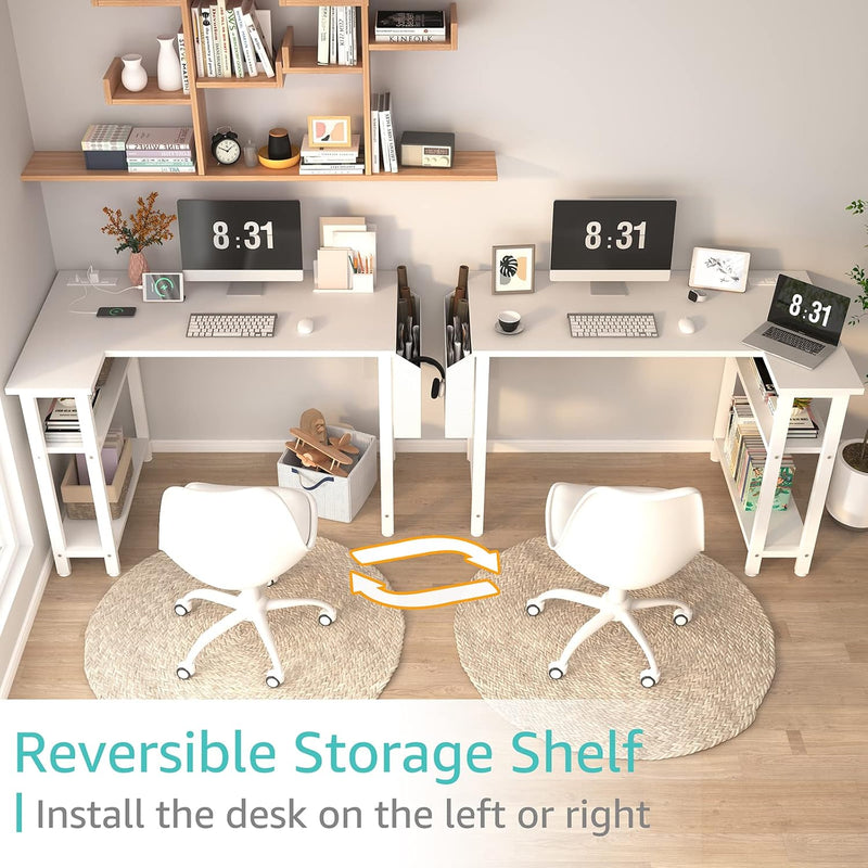L Shaped Computer Desk with Power Outlet Shelves