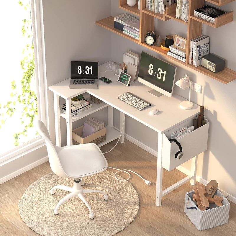 L Shaped Computer Desk with Power Outlet Shelves