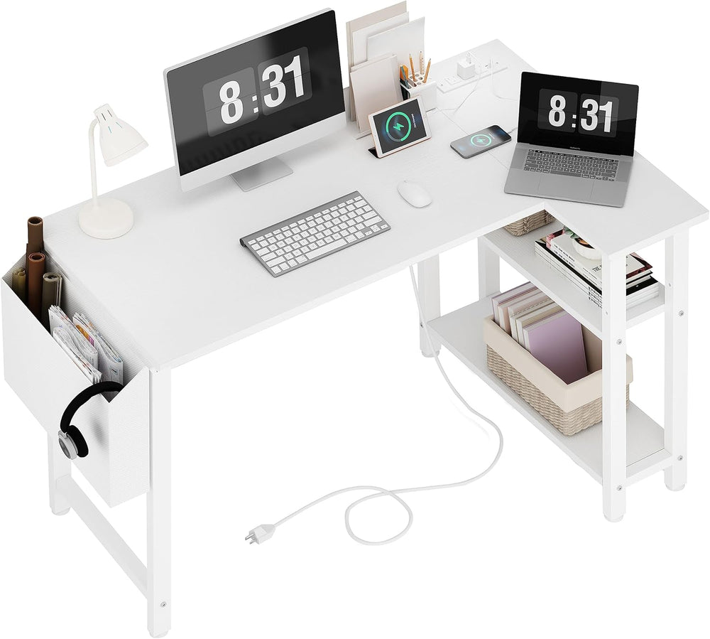 L Shaped Computer Desk with Power Outlet Shelves
