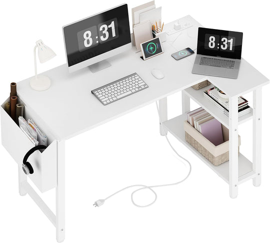 L Shaped Computer Desk with Power Outlet Shelves