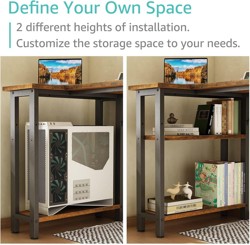 L Shaped Computer Desk with Power Outlet Shelves