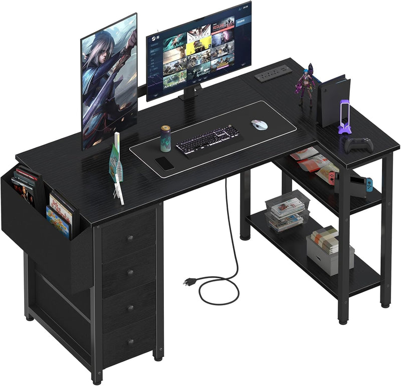 L Shaped Gaming Desk with Drawers Storage Shelves