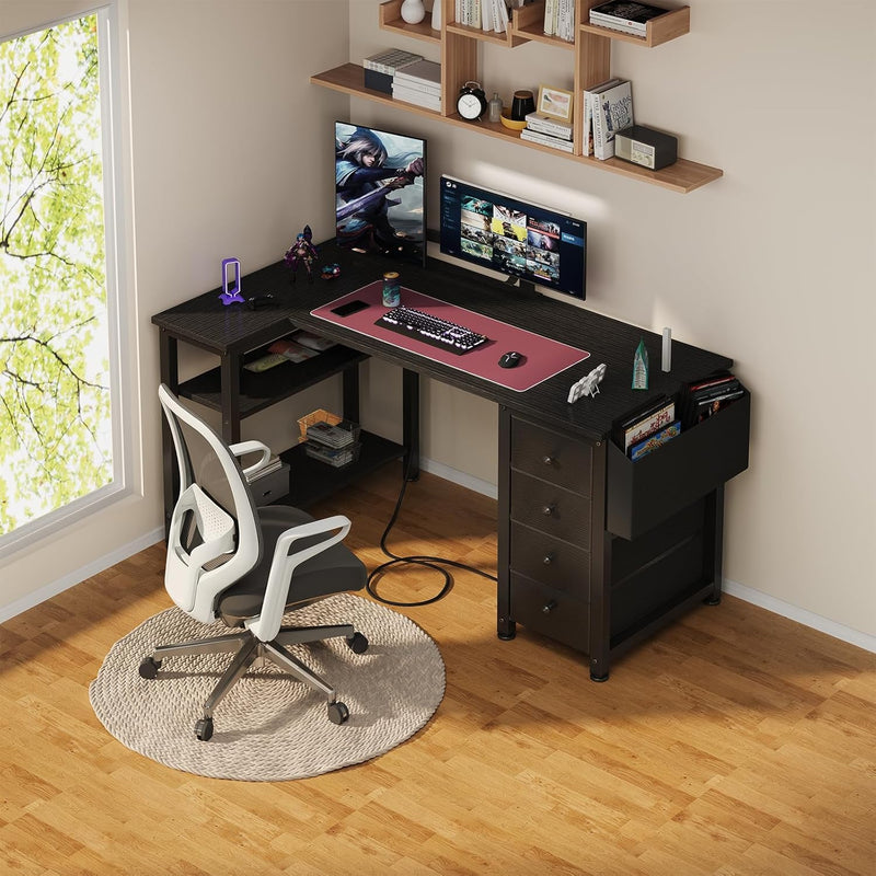 L Shaped Gaming Desk with Drawers Storage Shelves