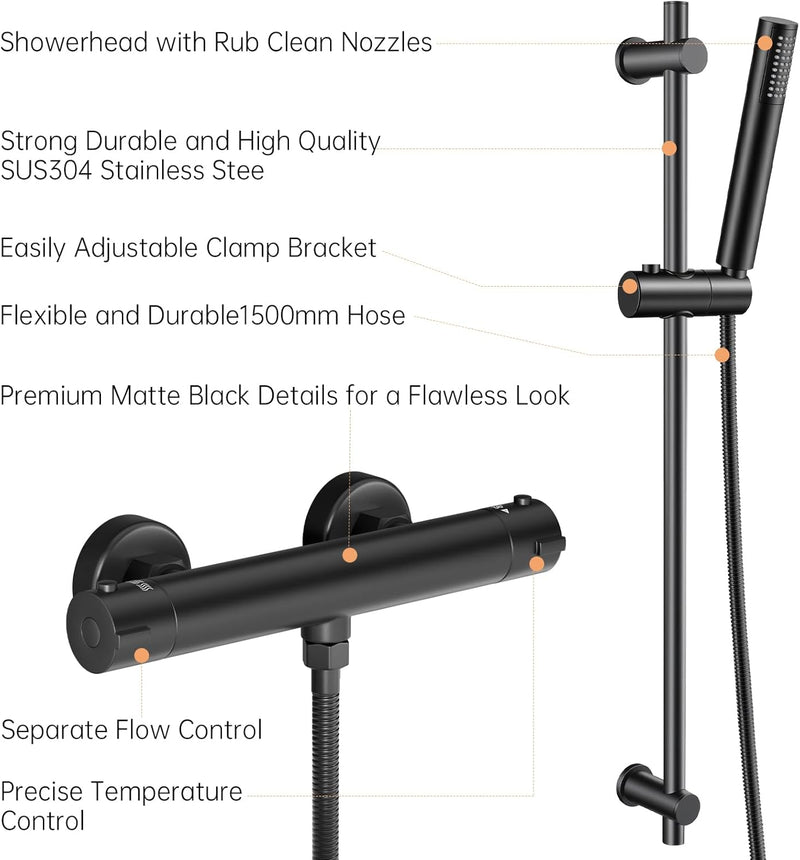 Matte Thermostatic Shower Mixer Set Wall Mounted Bathroom