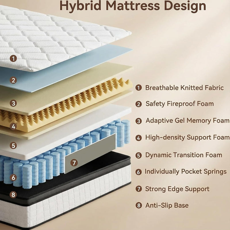 Mattress 10.6inch Memory Foam Pocket Spring Bed Medium