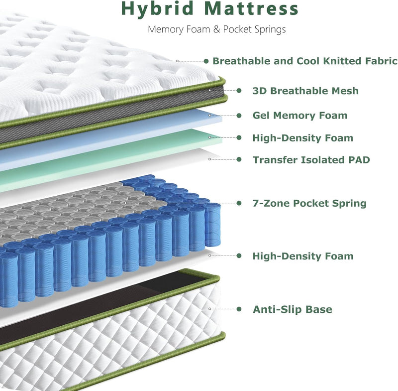 Mattress 10" Hybrid Memory Foam Pocket Sprung Breathable