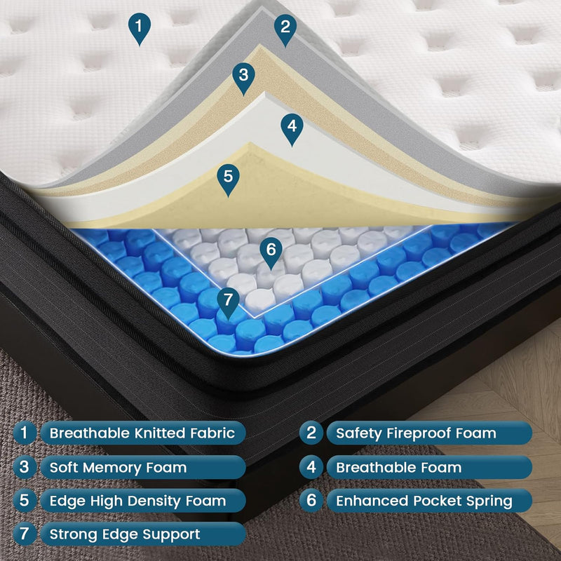 Mattress 10 Inch Memory Foam Hybrid with Breathable