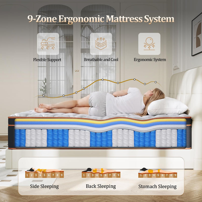 Mattress Hybrid Memory Foam 9-Zone Design with Pocket