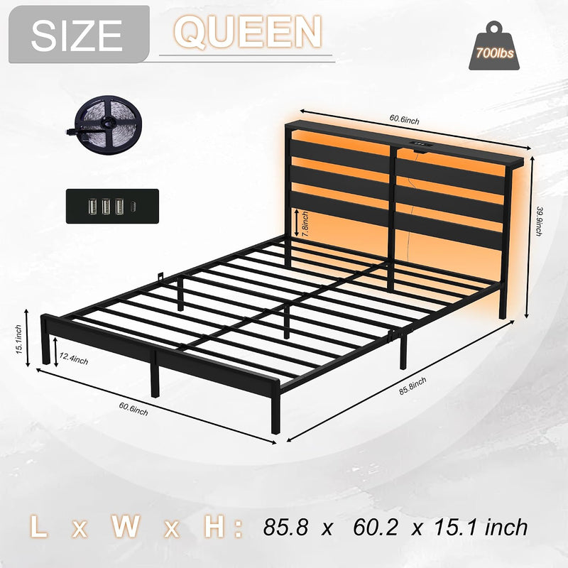 Metal Bed Frame with USB Charging Station LED