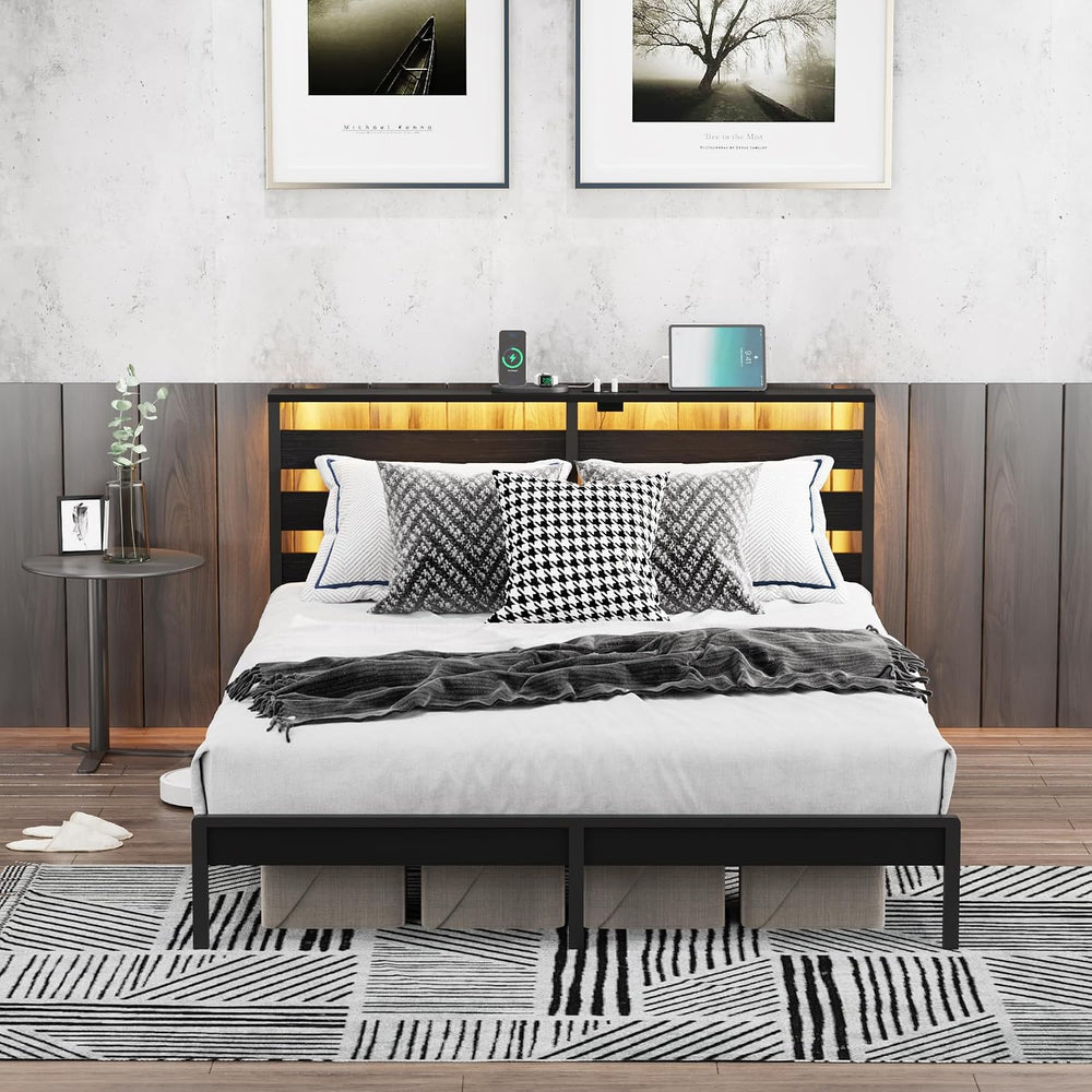 Metal Bed Frame with USB Charging Station LED