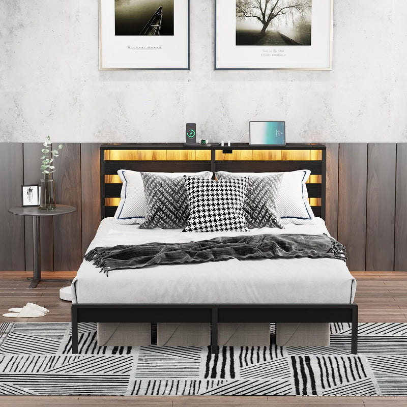 Metal Bed Frame with USB Charging Station LED
