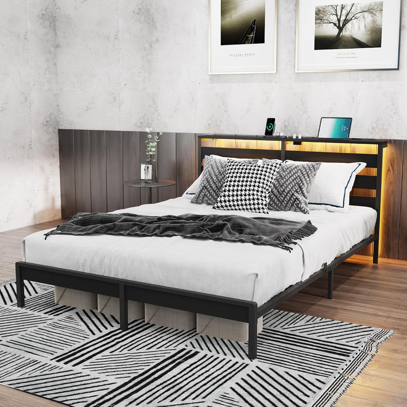 Metal Bed Frame with USB Charging Station LED