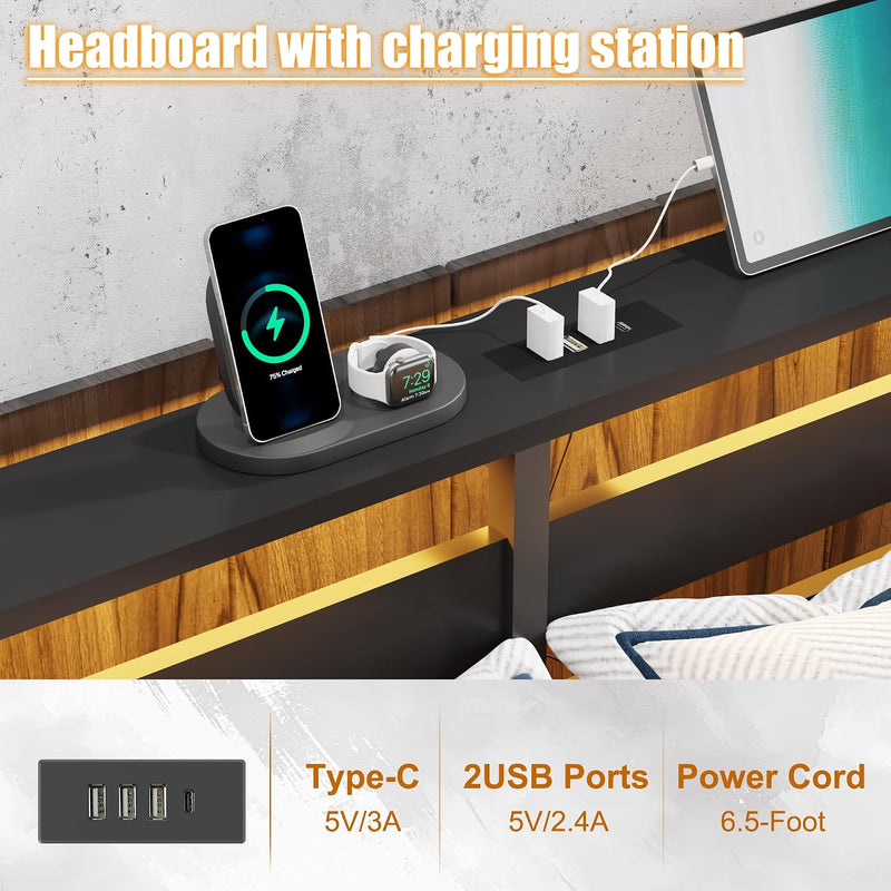 Metal Bed Frame with USB Charging Station LED