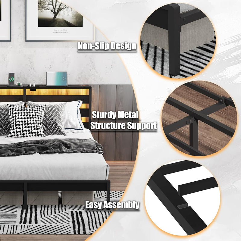Metal Bed Frame with USB Charging Station LED