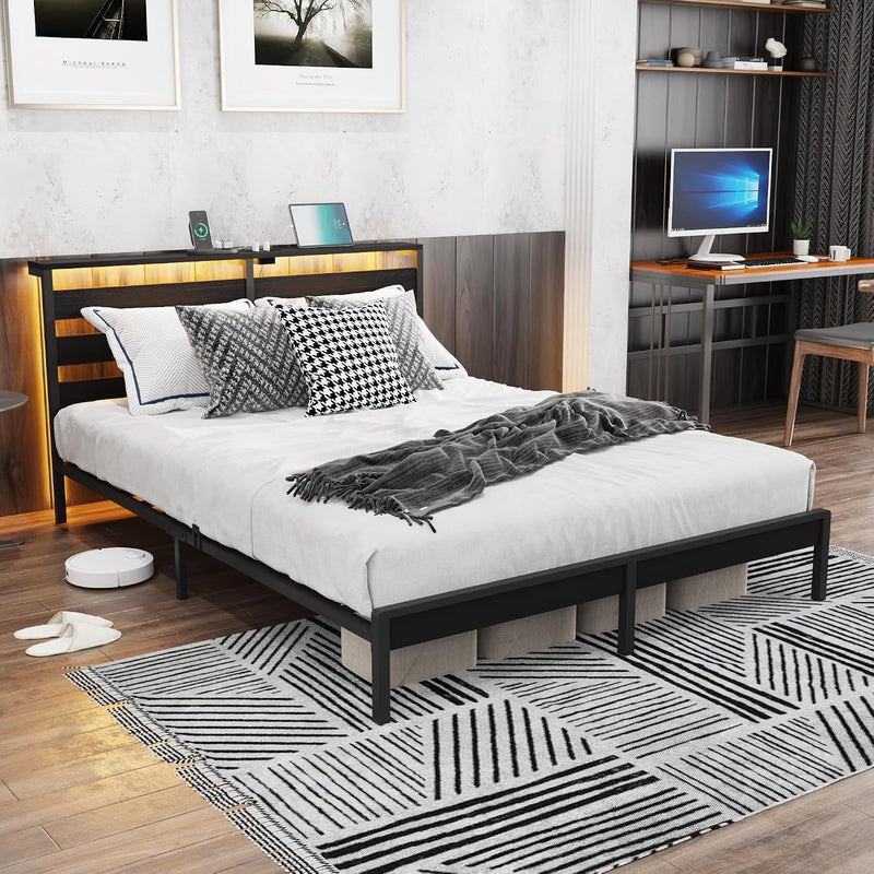 Metal Bed Frame with USB Charging Station LED
