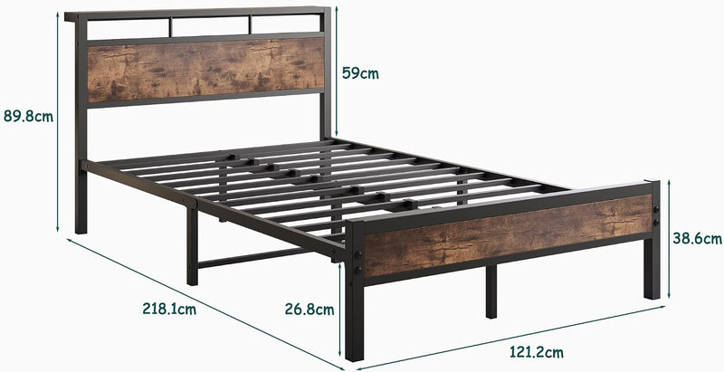 Metal Bed Frame with Wooden Headboard Shelves