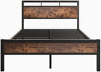 Metal Bed Frame with Wooden Headboard Shelves