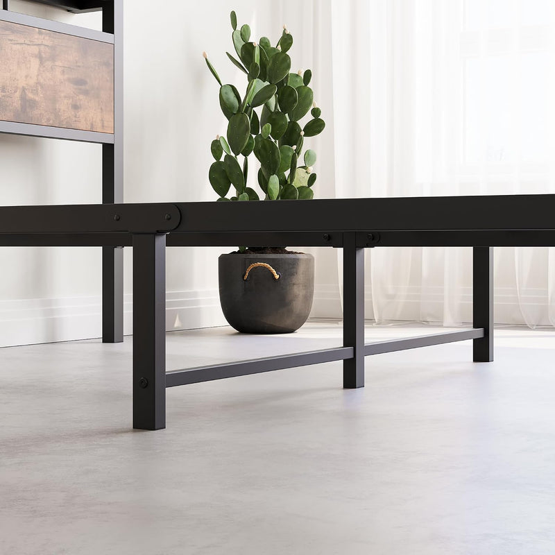Metal Bed Frame with Wooden Headboard Shelves