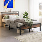 Metal Bed Frame with Wooden Headboard Shelves
