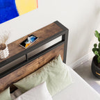 Metal Bed Frame with Wooden Headboard Shelves