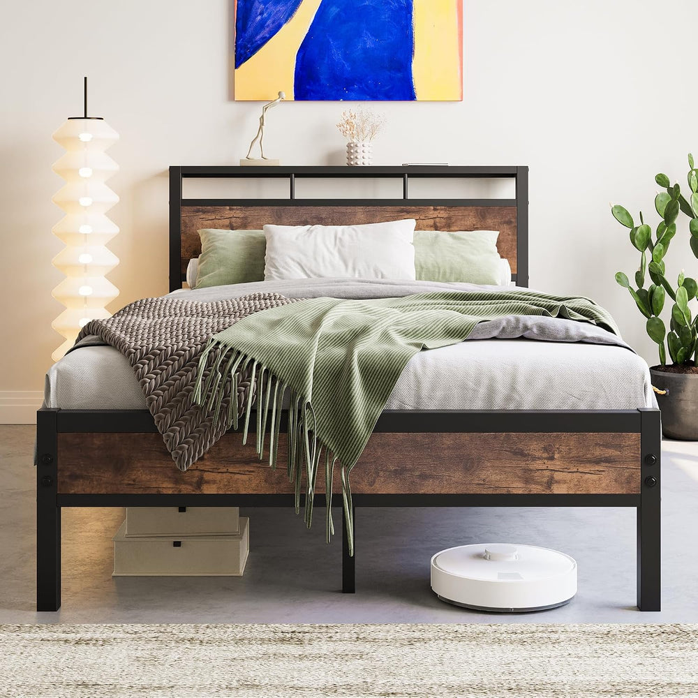 Metal Bed Frame with Wooden Headboard Shelves