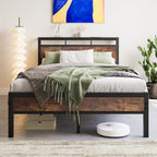 Metal Bed Frame with Wooden Headboard Shelves