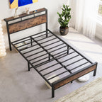 Metal Bed Frame with Wooden Headboard Shelves